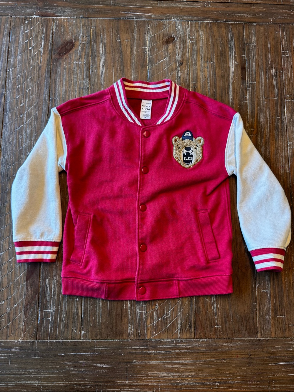 Carter's Red and White Kids Varsity Jacket with Bear Patch